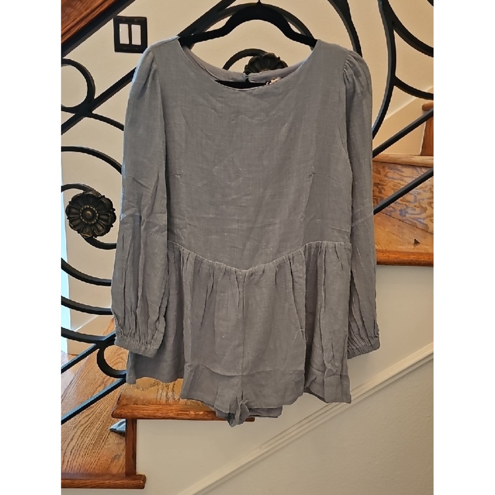 Lumiere Sage Blue Cotton Long Sleeve Babydoll Romper NP41031‎ Small